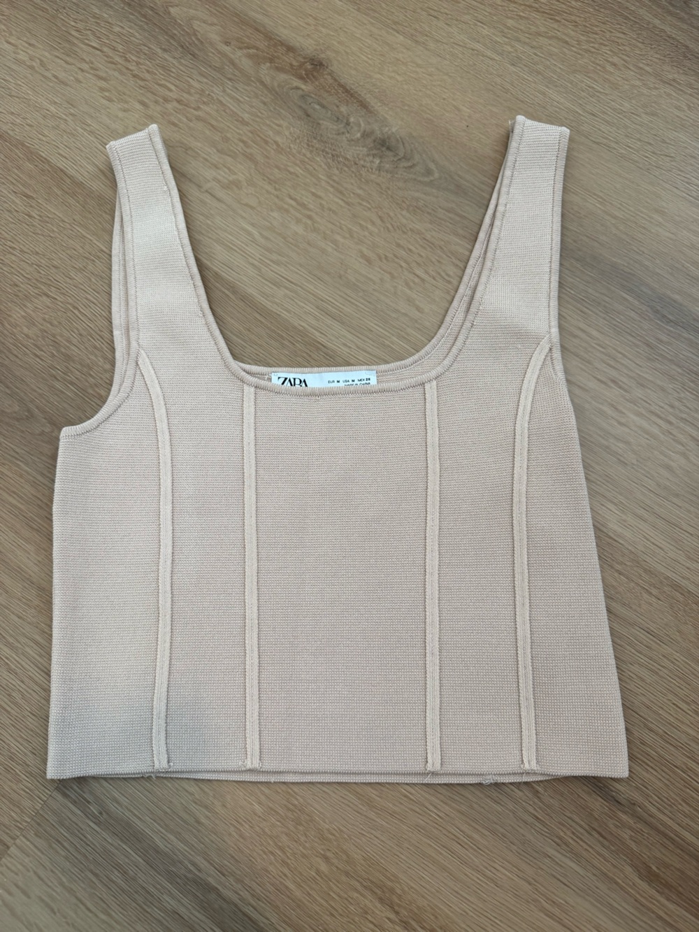Zara Beige Ribbed Square-Neck Crop Top